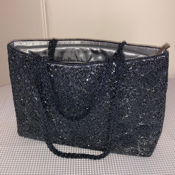Handbags - Silver Beaded Bag Braided Double Handle 3-D Floral Pattern Satin Lined 12”x8”x3”
